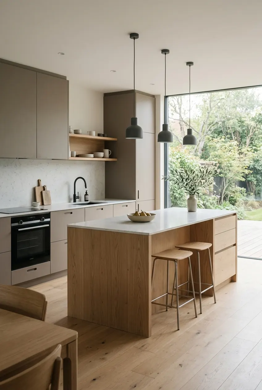 Cuisine contemporaine sur mesure aux façades taupe et îlot en chêne clair