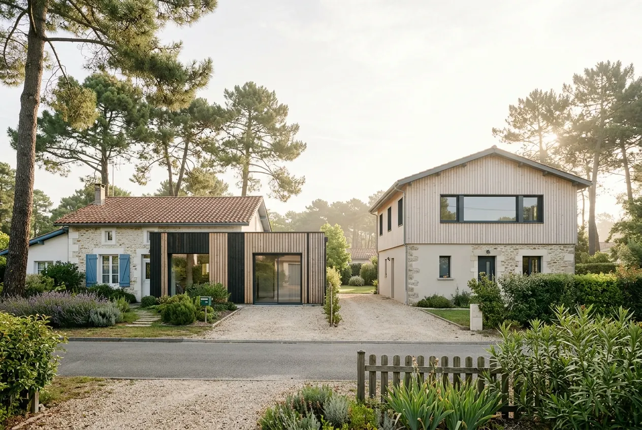 Maison des Landes avec extension bois au rez-de-chaussée et maison voisine surélevée d’un étage