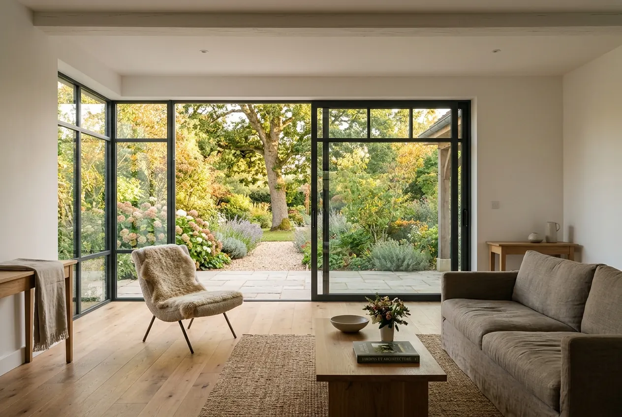 Intérieur rénové ouvert sur le jardin par une grande baie vitrée, lumière naturelle
