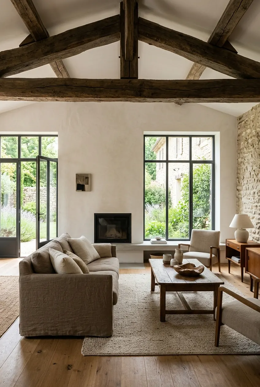 Pièce de vie rénovée dans une maison ancienne, poutres restaurées et parquet en chêne