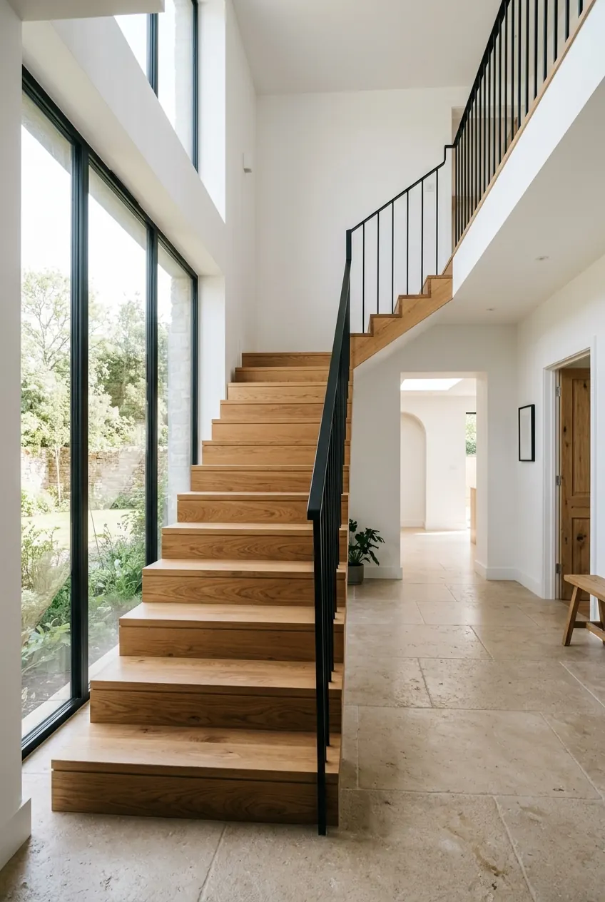 Rénovation complète d’une maison : cage d’escalier en chêne et garde-corps acier