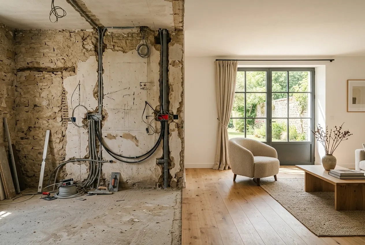 Rénovation tous corps d’état : pièce en cours de travaux à gauche, pièce de vie rénovée à droite