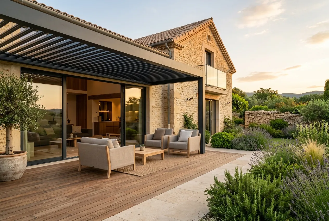Terrasse en bois avec pergola anthracite et grandes baies vitrées coulissantes